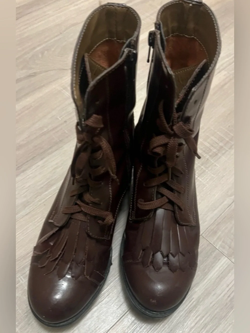 Fringe Ankle leather Boots 8  Lace up Brown Western Boho Y2K Grunge